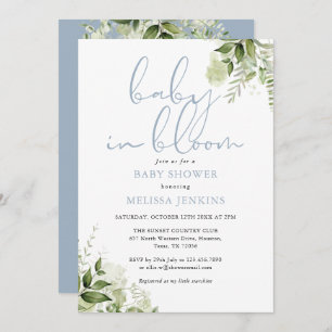 Invitation Bébé en fleur Dusty Baby shower bleu verdure