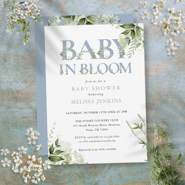 Invitation Bébé en fleur Dusty Baby shower bleu verdure (Baby In Bloom Dusty Blue Greenery Baby Shower Invitation)