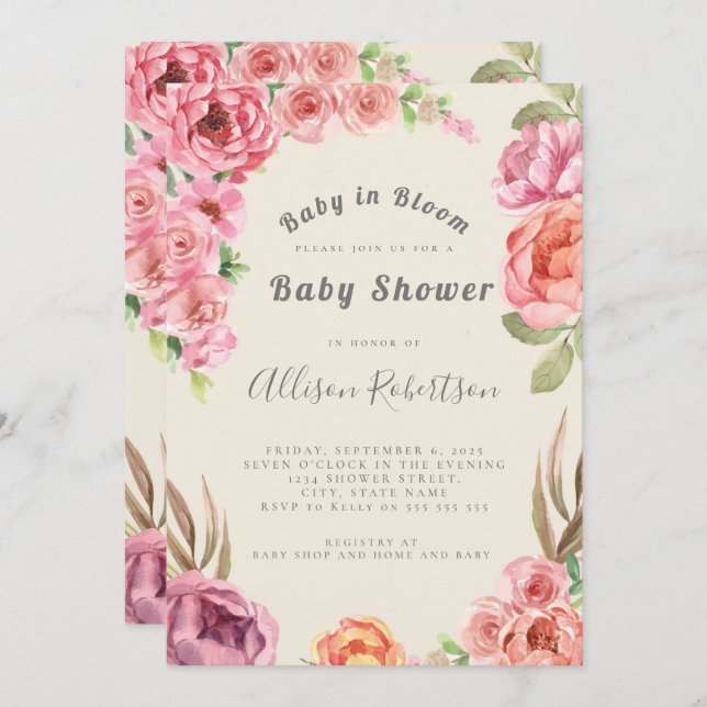 Invitation Bébé En Fleur Dusty Baby shower Floral Rose (Devant / Derrière)