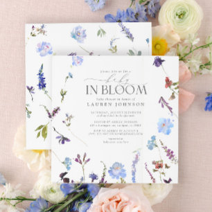 Invitation Bébé En Fleur Dusty Bleu Aquarelle Douche Florale