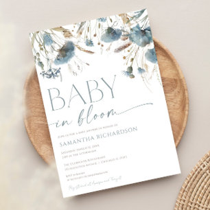 Invitation Bébé en Fleur Dusty bleu beige baby shower garçon