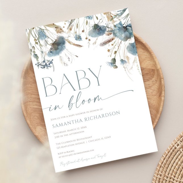 Invitation Bébé en Fleur Dusty bleu beige baby shower garçon (Créateur téléchargé)