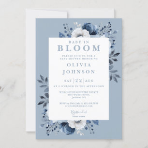 Invitation Bébé En Fleur Dusty Bleu Moderne Baby shower Flora