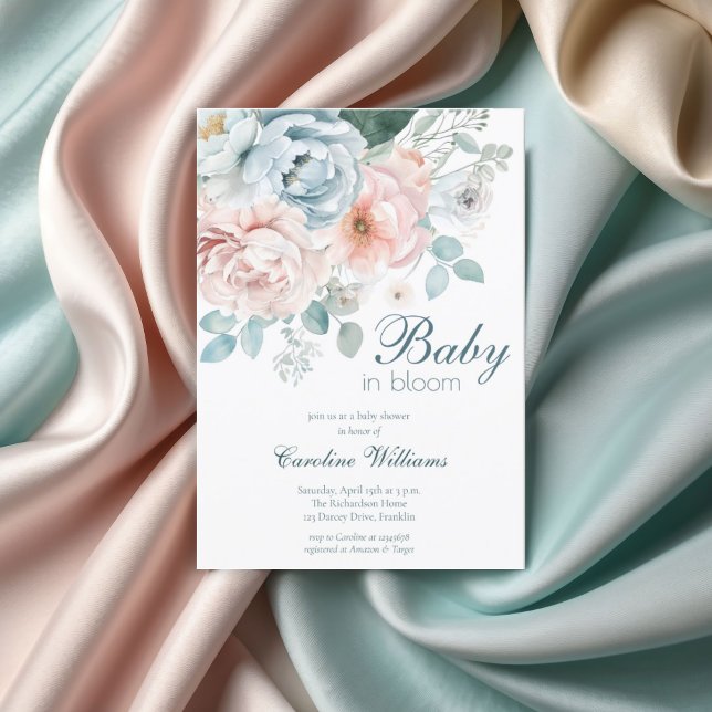 Invitation Bébé En Fleur Dusty Bleu Printemps Douche Florale (Créateur téléchargé)