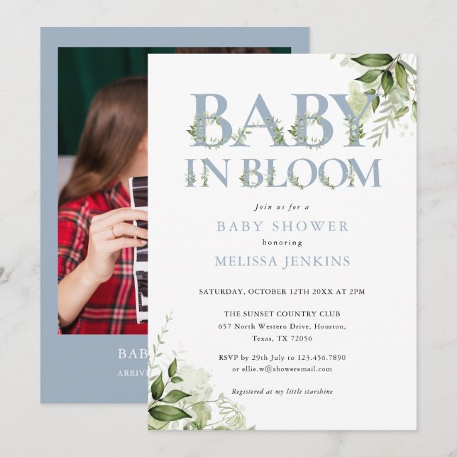 Invitation Bébé en fleur Dusty Blue Foliage Baby shower photo (Devant / Derrière)