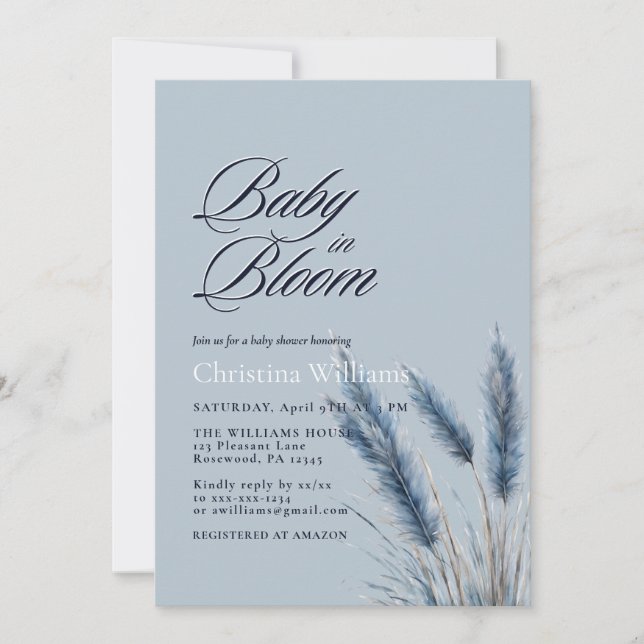Invitation Bébé en Fleur Dusty Blue Pampas Baby shower (Devant)
