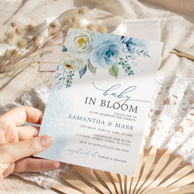 Invitation Bébé en Fleur Dusty Blue Rose Baby shower Floral (Créateur téléchargé)