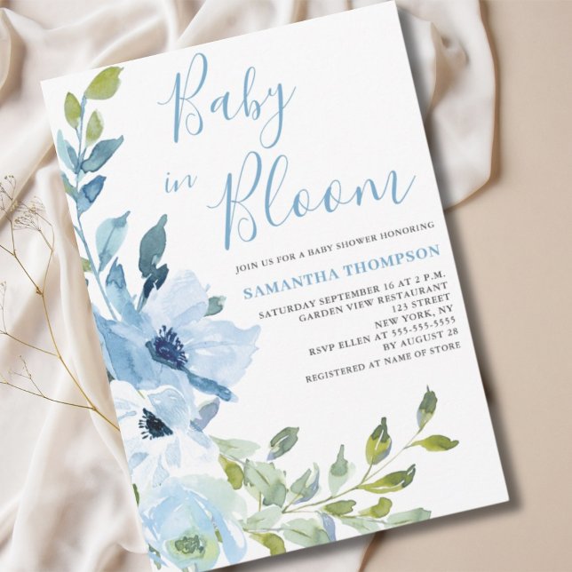 Invitation Bébé en Fleur Fête de Bébé Florale Bleue (Créateur téléchargé)