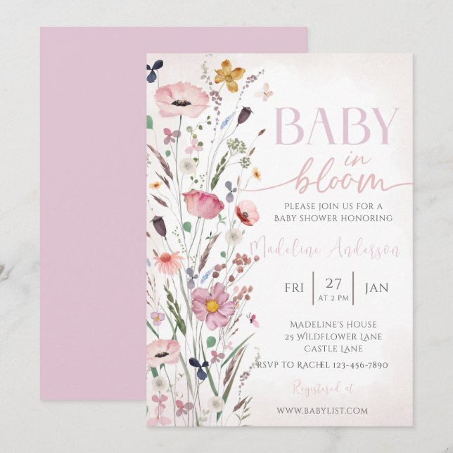 Invitation Bébé en Fleur Fête de Bébé Rose Fleur Sauvage (Devant / Derrière)