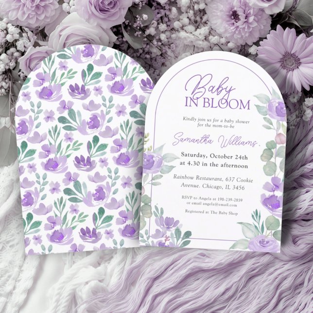 Invitation Bébé en Fleur Fête de Naissance Aquarelle Violette (Créateur téléchargé)