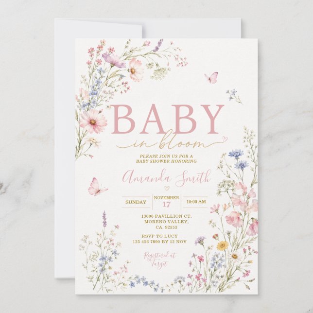 Invitation Bébé en Fleur Fête de Naissance Papillon Fleurs Sa (Devant)