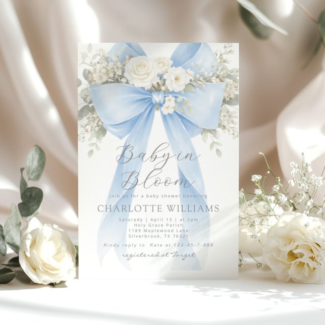Invitation Bébé en Fleur Fleur Bleu Ruban Baby Shower (Créateur téléchargé)