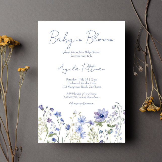 Invitation Bébé en fleur Fleur sauvage baby shower bleu pouss (Baby in bloom dusty blue boho Wildflower baby shower Invitation editable template instant download)