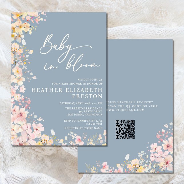 Invitation Bébé en fleur Fleur sauvage Dusty Baby shower bleu (Créateur téléchargé)
