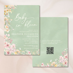 Invitation Bébé en fleur Fleur sauvage QR Sage Baby shower ve