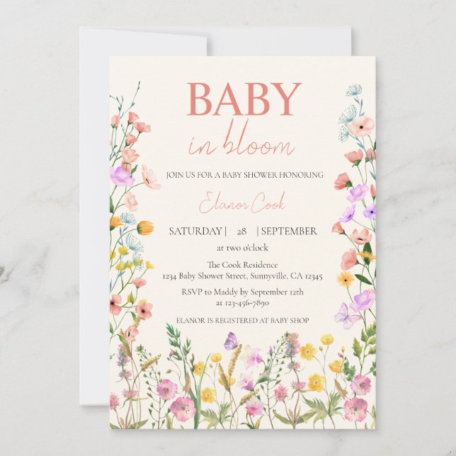 Invitation Bébé en Fleur Fleur sauvage rose fille Baby shower (Devant)