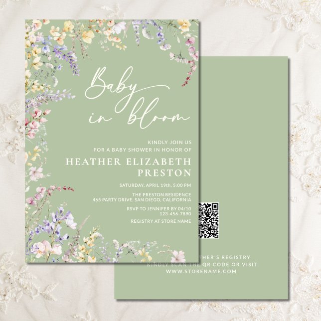Invitation Bébé En Fleur Fleur sauvage Sage Baby shower Vert (Créateur téléchargé)