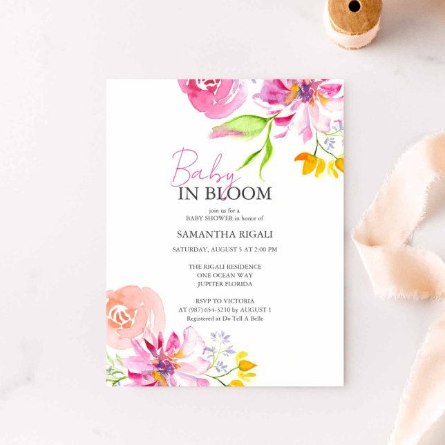 Invitation Bébé En Fleur Floral Aquarelle Douche (Pink floral baby shower invitation features unique watercolor art by Victoria Grigaliunas)