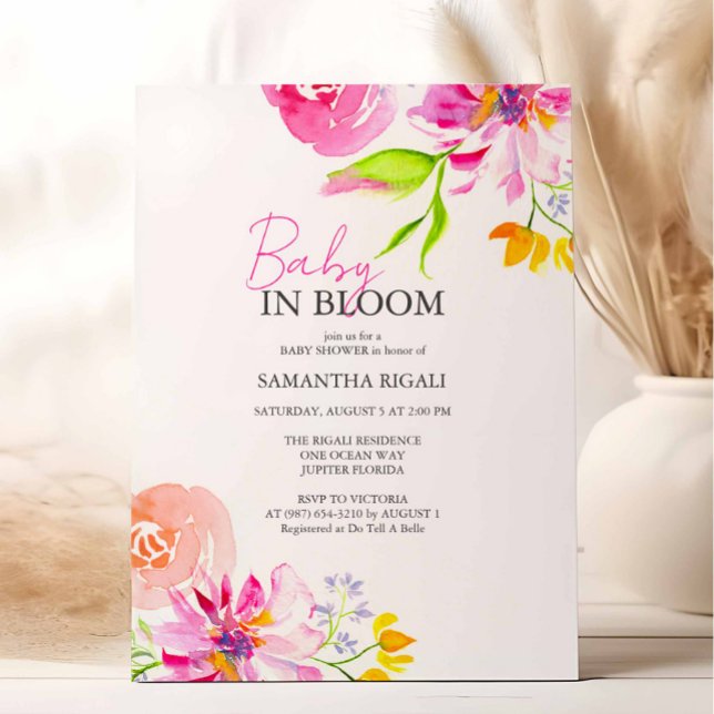 Invitation Bébé En Fleur Floral Aquarelle Douche (Pink floral baby shower invitation features unique watercolor art by Victoria Grigaliunas)