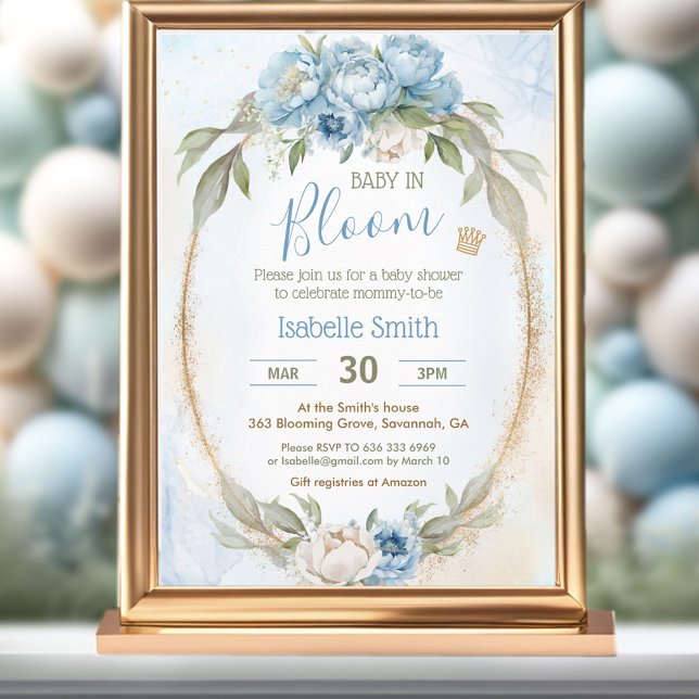 Invitation Bébé En Fleur Floral Élégant Baby shower Garçon Bl (Baby In Bloom Floral Elegant Blue Boy Baby Shower Invitation)
