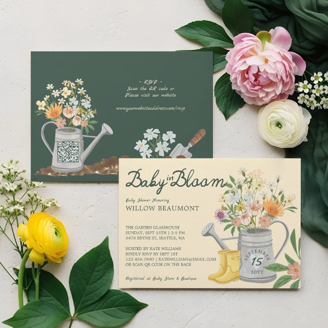 Invitation Bébé en Fleur Jardin Floral Pluie Baby shower Bott (Baby in Bloom Floral Garden Rain Boots Baby Shower Invitation (Front & Back))