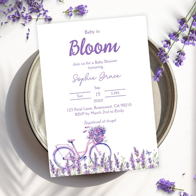 Invitation Bébé en Fleur Lavande Baby shower vélo (Créateur téléchargé)