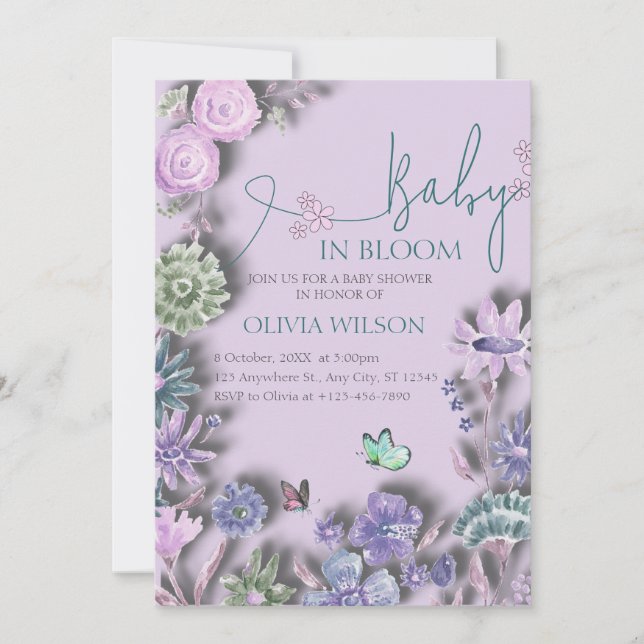 Invitation Bébé En Fleur Lavande Lilac Baby shower Floral (Devant)
