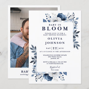 Invitation Bébé en fleur Marine bleu Floral Baby shower photo
