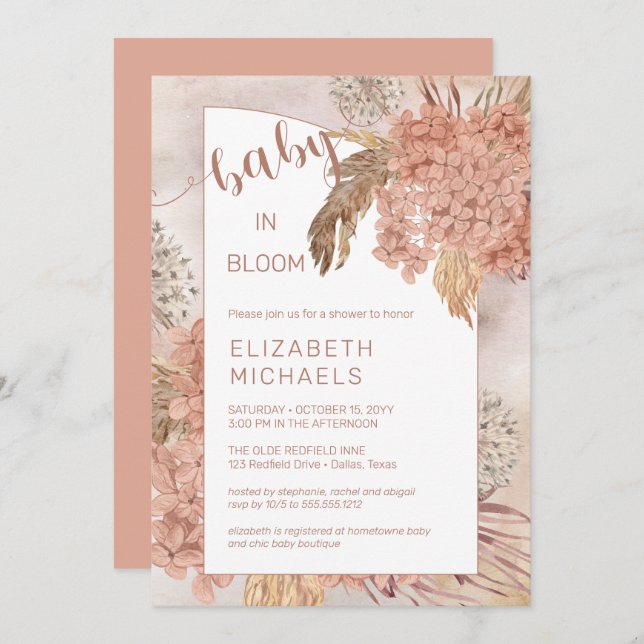 Invitation Bébé en Fleur Pampas Grass et Hydrangeas Douche (Devant / Derrière)