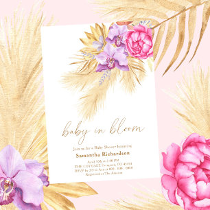 Invitation Bébé en fleur Pampas herbe Boho Baby shower rose