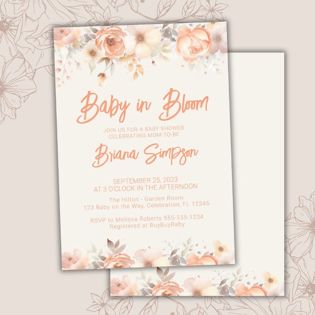 Invitation Bébé en Fleur Pêcher Beige Ivoire Baby shower flor (Créateur téléchargé)