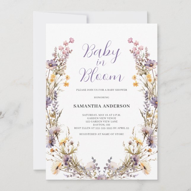 Invitation Bébé En Fleur Purple Floral Baby shower Fille (Devant)