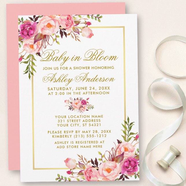Invitation Bébé En Fleur Rose Blush Floral Douche Or (Customize to change text color, text style or color of back of card.)