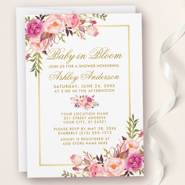 Invitation Bébé En Fleur Rose Blush Floral Or Douche (Customize to change text color, size or text style.)