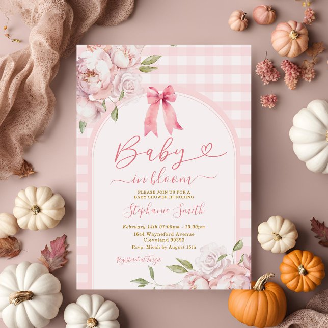 Invitation Bébé en Fleur Rose En vichy Floral Cute Baby showe (Créateur téléchargé)