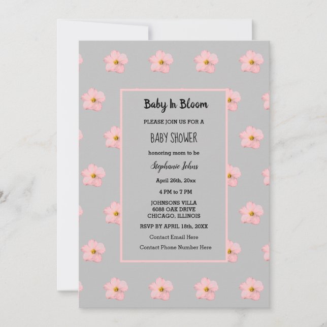 Invitation Bébé En Fleur Rose Floral Fille Baby shower Gris (Devant)