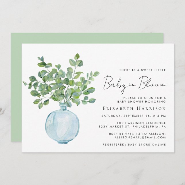 Invitation Bébé en fleur Sage Eucalyptus Aquarelle Douche (Devant / Derrière)