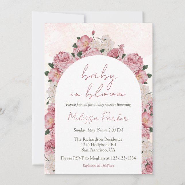 Invitation Bébé en fleur Script Baby shower floral rose (Devant)