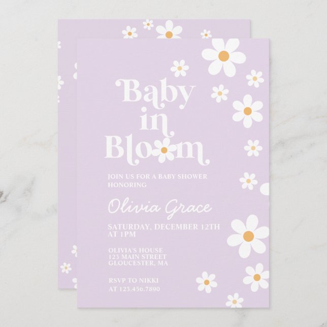 Invitation Bébé en fleur violet Baby shower de marguerite Inv (Devant / Derrière)