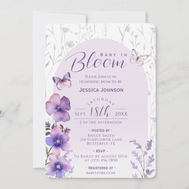 Invitation Bébé en fleur violet Baby shower papillon floral (Devant)