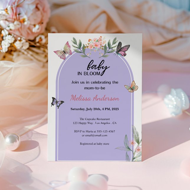 Invitation Bébé en fleur violet Baby shower papillon floral (Créateur téléchargé)