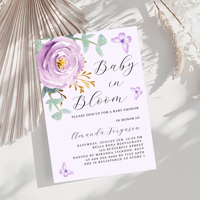 Invitation Bébé en Fleur violet rose papillon Baby shower (Créateur téléchargé)