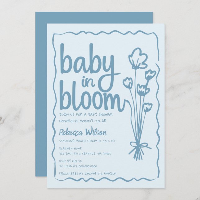 Invitation Bébé en fleur Whimsical main tiré Baby shower garç (Devant / Derrière)