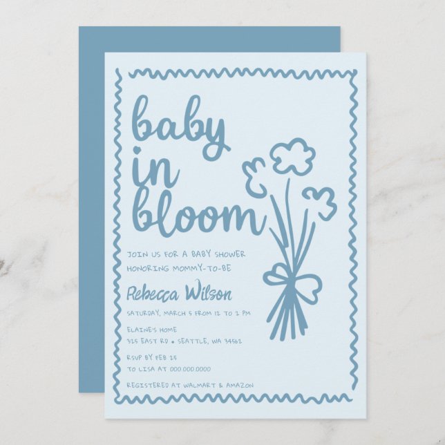 Invitation Bébé en fleur Whimsical main tiré Baby shower garç (Devant / Derrière)