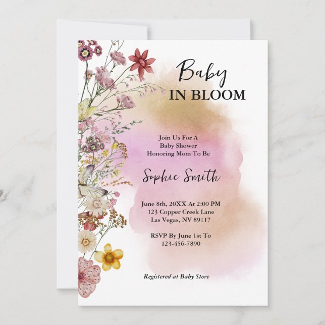 Invitation Bébé En fleurs Aquarelle Fleur sauvage (Devant)