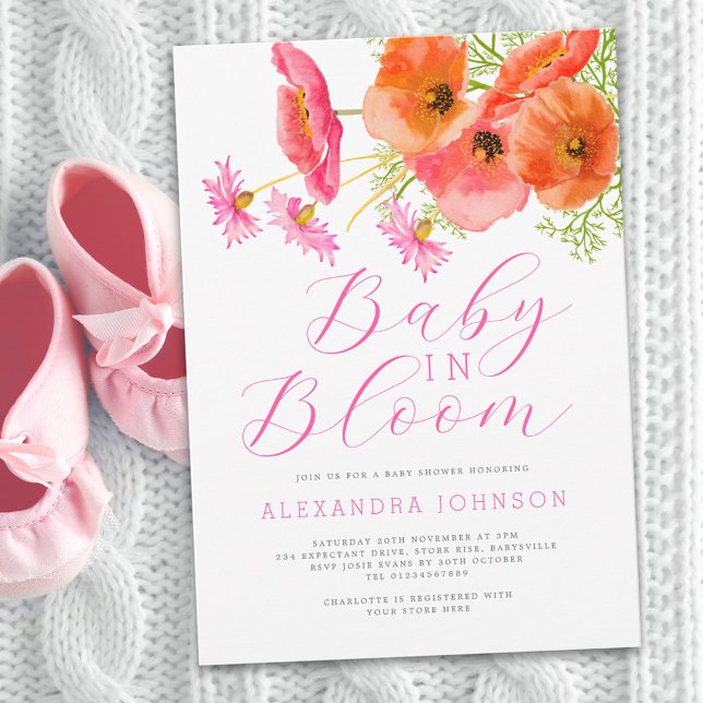 Invitation Bébé en fleurs aquarelle floral rose orange (Elegant baby in bloom watercolor wildflower pink & orange floral girl baby shower invitation )