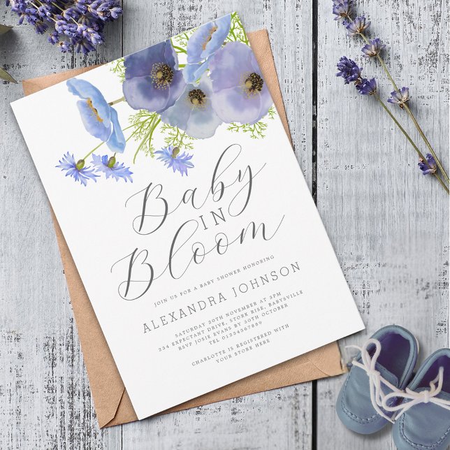 Invitation Bébé en fleurs aquarelle florale bleue  (Elegant watercolor blue floral boy baby shower invitation Outdoor spring summer garden party)