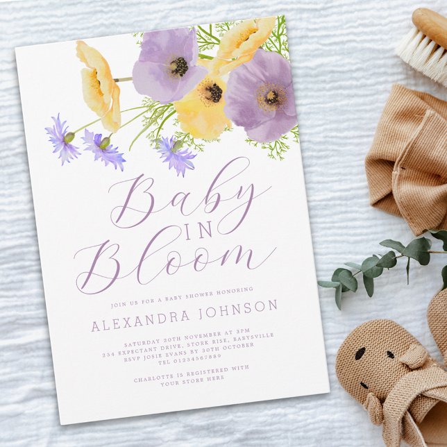 Invitation Bébé en fleurs Aquarelle florale de printemps (Wildflower baby in bloom gender neutral baby shower invitation Watercolor purple & Yellow flowers)