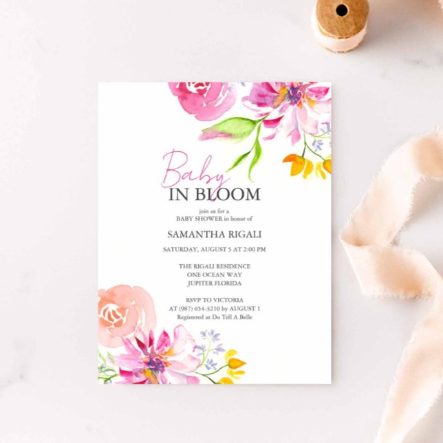 Invitation Bébé en fleurs Aquarelle florale pour la douche (Pink floral baby shower invitation features unique watercolor art by Victoria Grigaliunas)