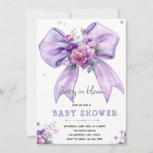 Invitation bébé en fleurs avec un nœud violet
